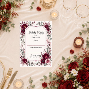Antike burgunderrote Hochzeit im Blumenstil RSVP Karte