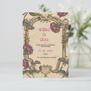 Antike burgunderrote und beige Hochzeitseinladung RSVP Karte