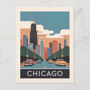 Antike Chicago Illinois Stadt Skyline Autos Reise Postkarte