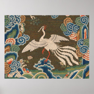 Antike chinesische weiße Vogel-Seidenstickerei-Dru Poster