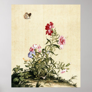 Antike Chinoiserie Nelken & Schmetterlings Kunst Poster