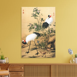 Antike Chinoiserie Rotkronenkraniche und Rosen Leinwanddruck