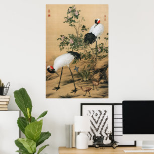 Antike Chinoiserie Rotkronenkraniche und Rosen Poster