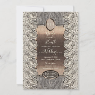 Antike Cream Spitze Grau Holz und Kupfer Hochzeit Einladung
