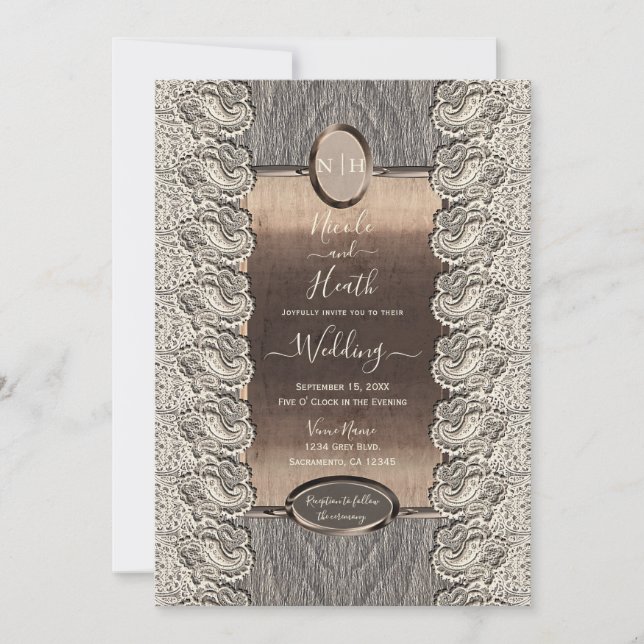 Antike Creme Lace Gray Wood & Copper Hochzeit Einladung (Vorderseite)