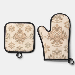Antike Damast Elegante Beige Französische Farmhaus Ofenhandschuh & Topflappen-Set