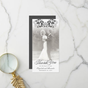 Antike Damast-Schwarze Blumenranken-Foto-Hochzeit Dankeskarte