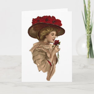 Antike Dame hält inne, um an einer roten Rose zu r Karte