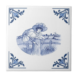 Antike Dame & Hund Delft Ecken Blau und Weiß Fliese