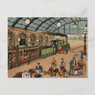 Antike Dampflokomotive und Bahnhofs Szene Postkarte