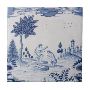 Antike Delft-Fliese - ländliche Szene - Blau und W Fliese