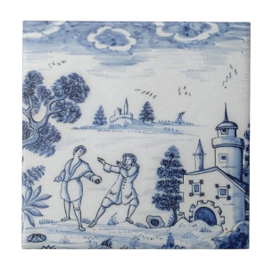 Antike Delft-Fliese - ländliche Szene - Blau und W Fliese
