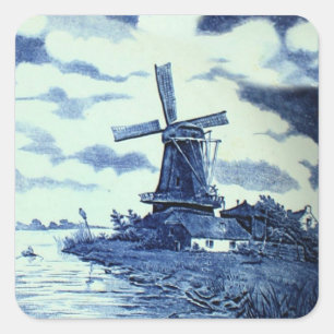 Antike Delfter Blaue Fliese - Windmühle Quadratischer Aufkleber