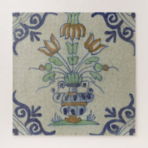 Antike Delfter Fliesen-Vase mit Tulpen: Blau und G