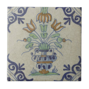 Antike Delfter Fliesen-Vase mit Tulpen: Blau und G Fliese