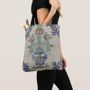 Antike Delfter Fliesen-Vase mit Tulpen: Blau und G Tasche