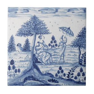 Antike Delfter Kachel - ländliche Szene - Blau und