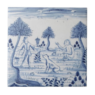 Antike Delfter Kachel - Pastorale Szene - Blau & W