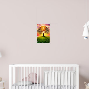 Antike Eiche auf grünem Hügel bei Sonnenuntergang Poster