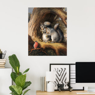 Antike Eichhörnchen und Vogel Waldlandschaft Kunst Poster