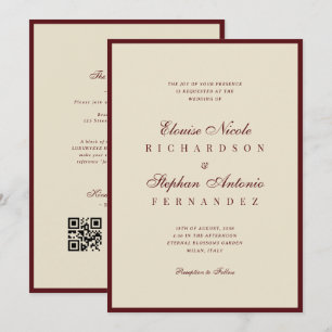 Antike Elfenbein-Burgunder-QR-Code-Hochzeit im Sti Einladung