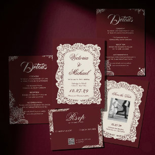 Antike Elfenbein-Papier-Spitze-Bordeaux-Hochzeitse