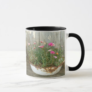 Antike Emaille-Spülschüssel & Blumen Tasse