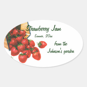 Antike Erdbeeren im Korb, Lebensmittel Obst Beeren Ovaler Aufkleber