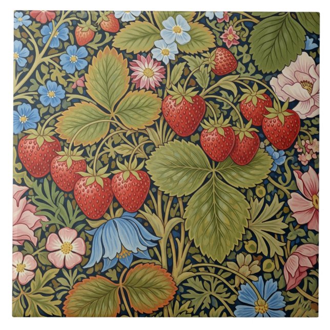 Antike Erdbeeren und Blumen  Fliese (Vorderseite)