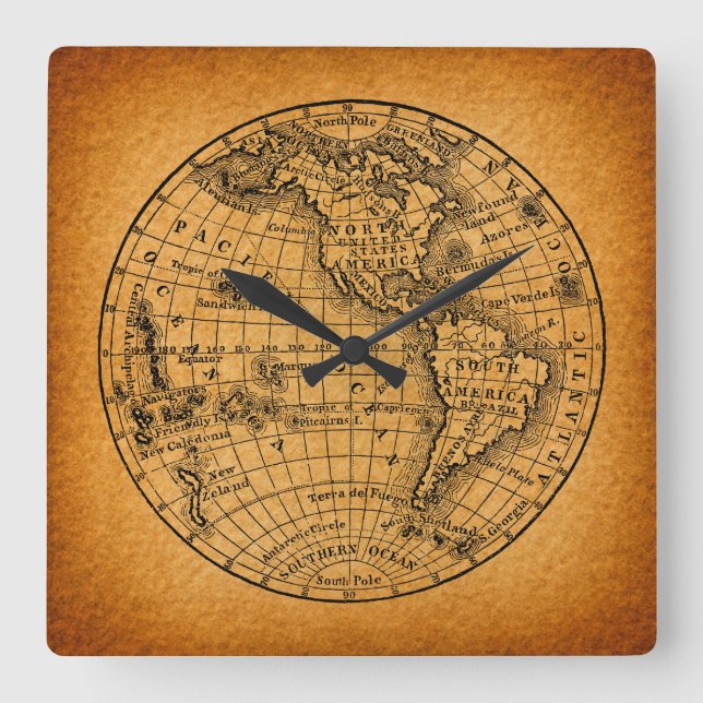 Antike Erde Weltkarte Vintage Globe Kunst Quadratische Wanduhr (Vorderseite)