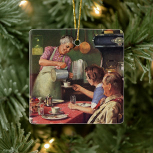 Antike Familie beim Frühstück in der Küche Keramikornament