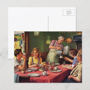 Antike Familie beim Frühstück in der Küche Postkarte