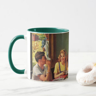 Antike Familie beim Frühstück in der Küche Tasse