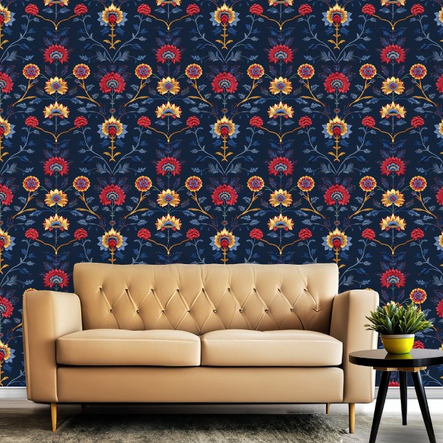 Antike farbenfrohe indische Blumenmotive Tapete (Antique Colorful Indian Floral Motif Pattern Room Wallpaper)
