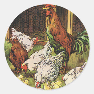 Antike Farmtiere, Hahn, Hühner, Küken Runder Aufkleber