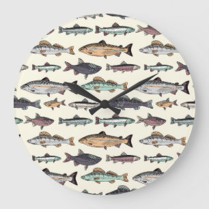 Antike Fischzeichnungen, nahtloses Muster. Große Wanduhr