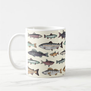 Antike Fischzeichnungen, nahtloses Muster. Kaffeetasse