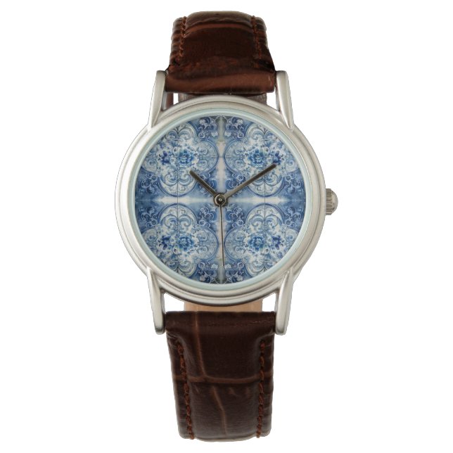 Antike Fliesen in Delft Blue Armbanduhr (Vorderseite)