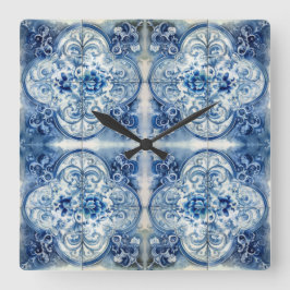 Antike Fliesen in Delft Blue Quadratische Wanduhr