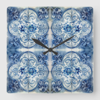 Antike Fliesen in Delft Blue Quadratische Wanduhr