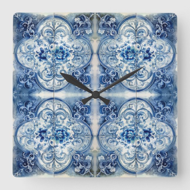 Antike Fliesen in Delft Blue Quadratische Wanduhr (Vorderseite)