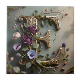 Antike florale gold teal Buchstabe E Fliese