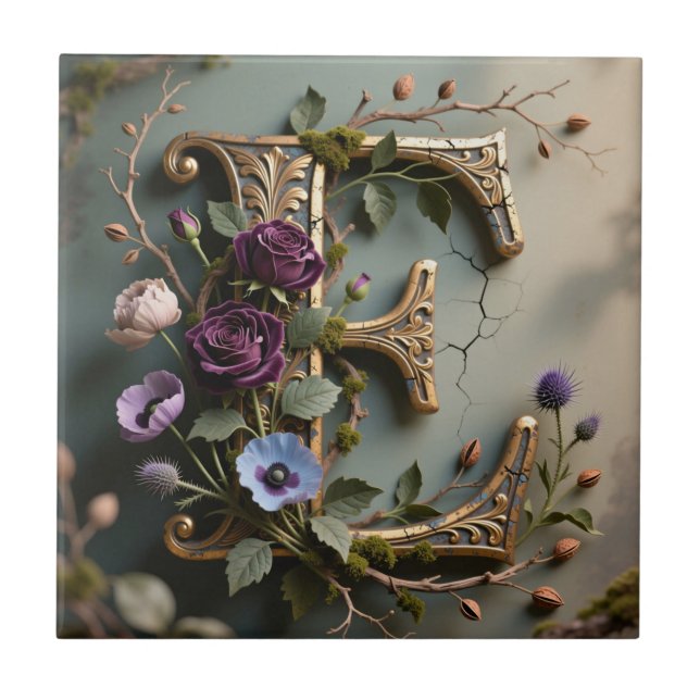 Antike florale gold teal Buchstabe E Fliese (Vorderseite)