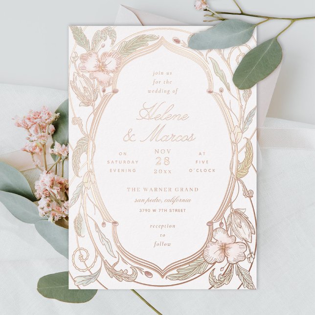 Antike florale Jugendstil Hochzeit Rose Gold Folieneinladung (Von Creator hochgeladen)