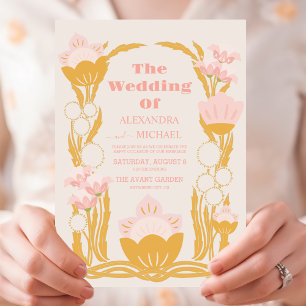 Antike Florale Rosa Goldene Jugendstil-Hochzeit Einladung