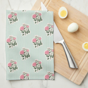 Antike Florale Rosa Rosen Grüne Streifen Geschirrtuch