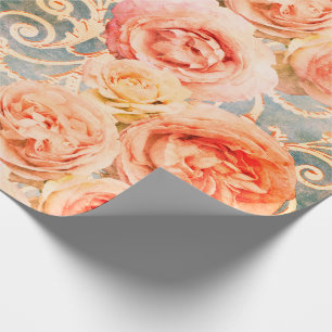 Antike Florale Rose Korallen Peach Damast Geschenkpapier
