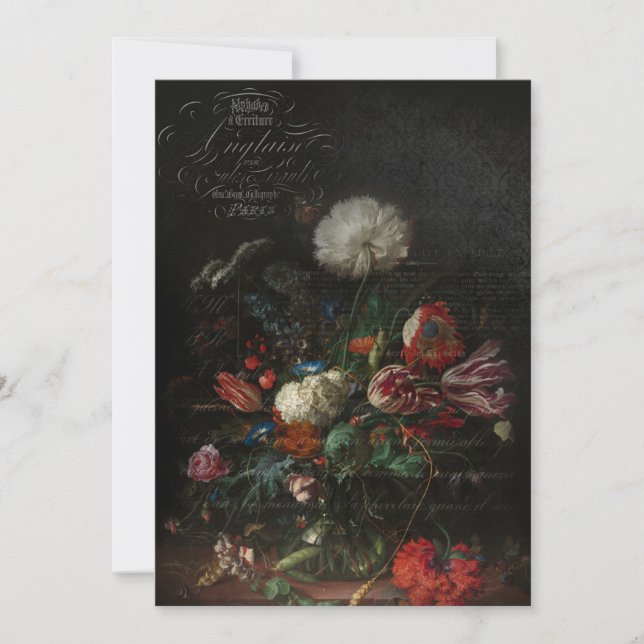 Antike florale Stillleben und französische Schrift Mitteilungskarte (Vorderseite)