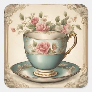 Antike französische Blumen Teetasse Gartenteeparty Quadratischer Aufkleber