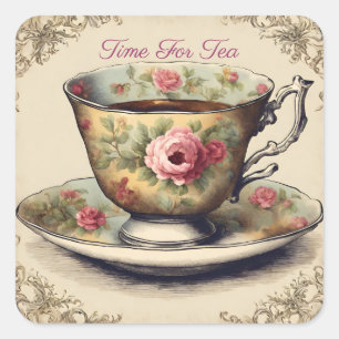 Antike französische Blumen Teetasse Gartenteeparty Quadratischer Aufkleber